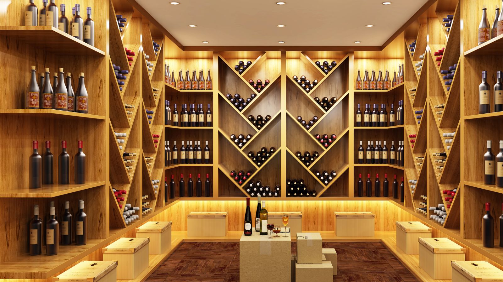 Luxury wine cellar with lots of bottles of wine on geometrically shaped shelves